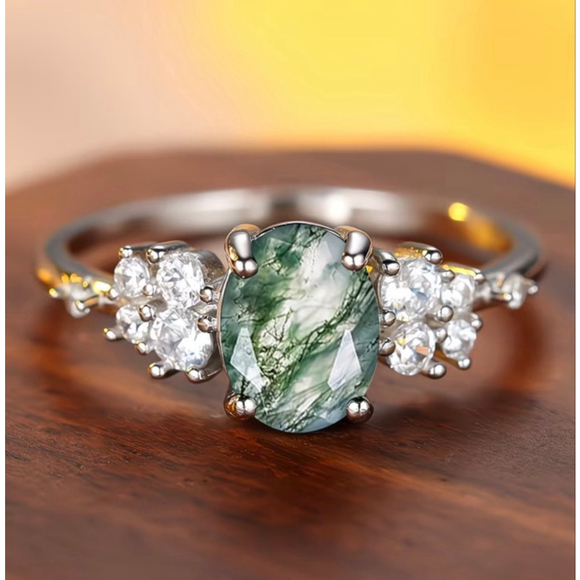 Boutique Jewelry - Green Moss Agate Oval Halo Ring with Clear Crystal Accents